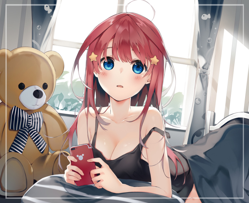 1girl, ahoge, bangs, bare_arms, bare_shoulders, black_camisole, blue_eyes, blush