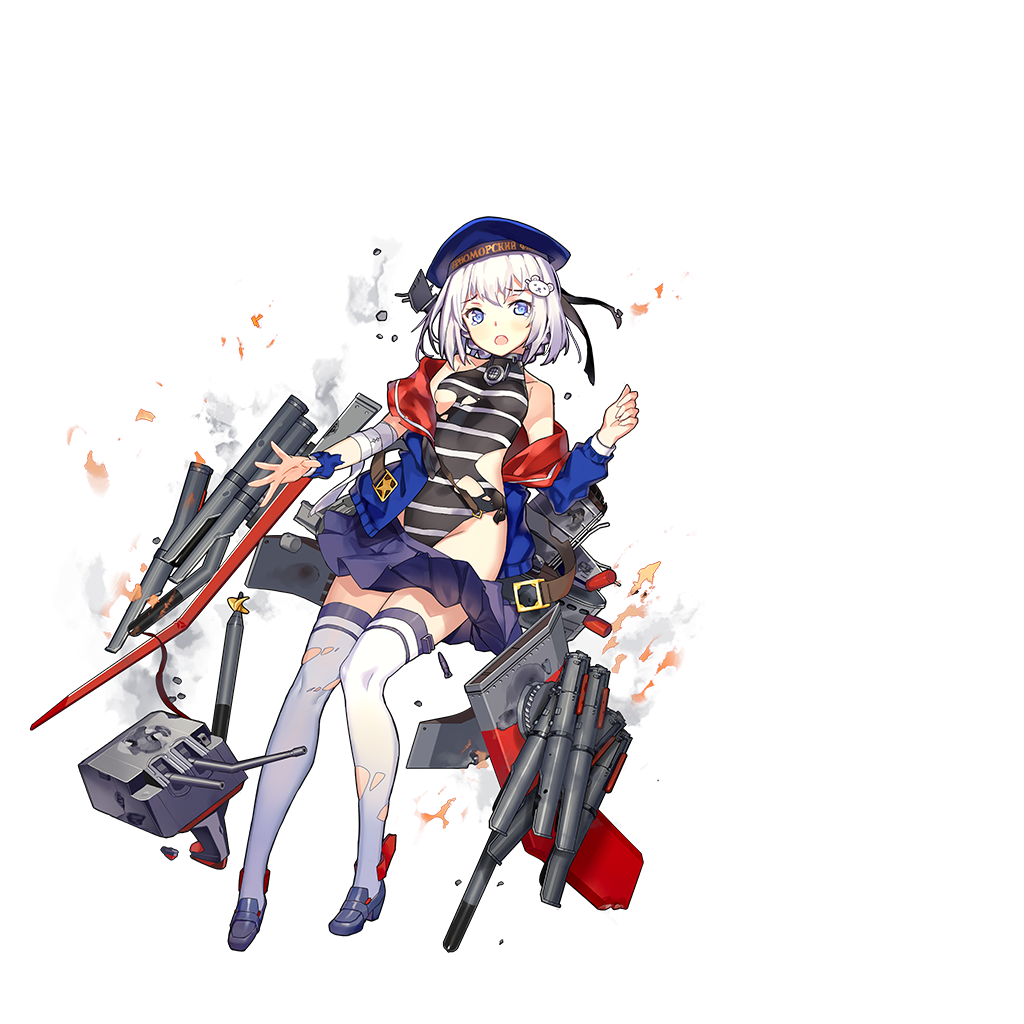 1girl, armband, bear_hair_ornament, braid, full_body, hair_ornament, hat, kiev_(warship_girls_r), miyazaki_byou, official_art, russian_text, sailor_hat, short_hair, silver_hair, solo, star, tears, thigh-highs, torn_clothes, torn_legwear, torpedo, transparent_background, turret, warship_girls_r, zettai_ryouiki