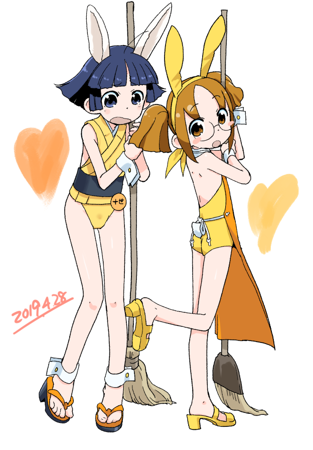 2girls, animal_ears, apron, blue_eyes, blue_hair, broom, brown_eyes, brown_hair