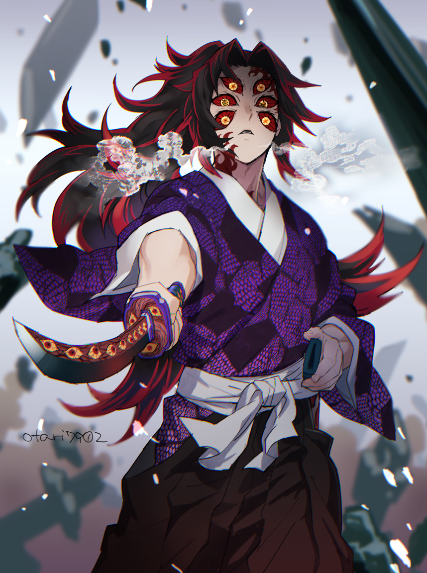 1boy, black_hair, breath, extra_eyes, facial_mark, holding, holding_weapon, indesign
