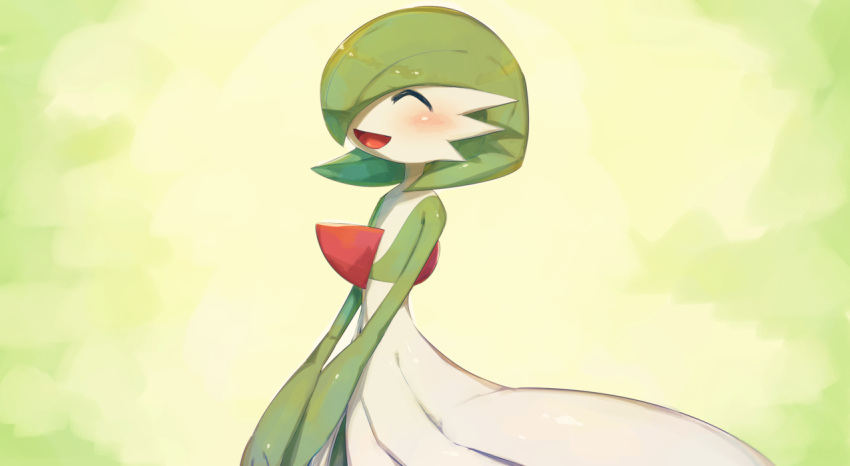 1girl, ^_^, bangs, blush, closed_eyes, commentary_request, from_side, gardevoir
