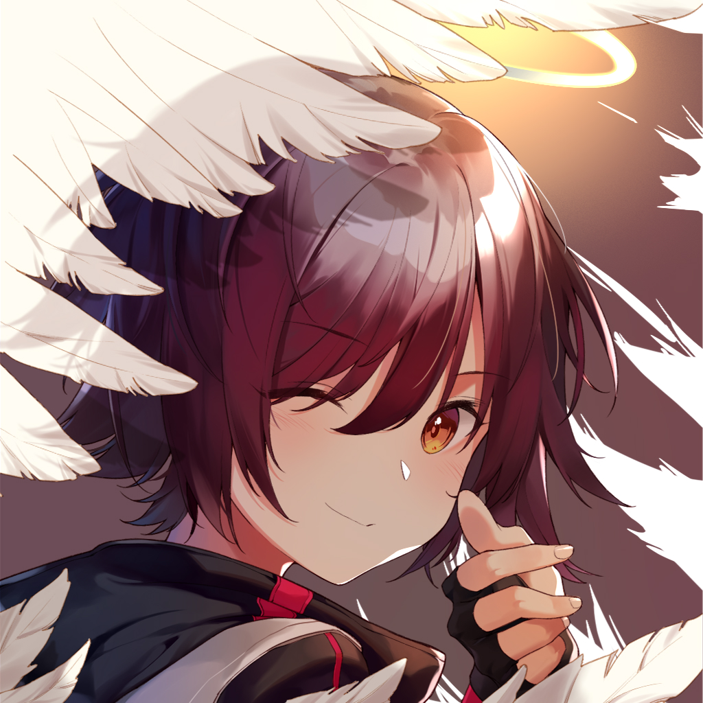 1girl, arknights, exusiai_(arknights), fingerless_gloves, gloves, halo, looking_at_viewer, one_eye_closed
