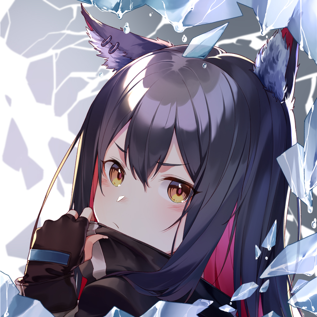 1girl, animal_ears, arknights, blush, fingerless_gloves, frown, gloves, long_hair