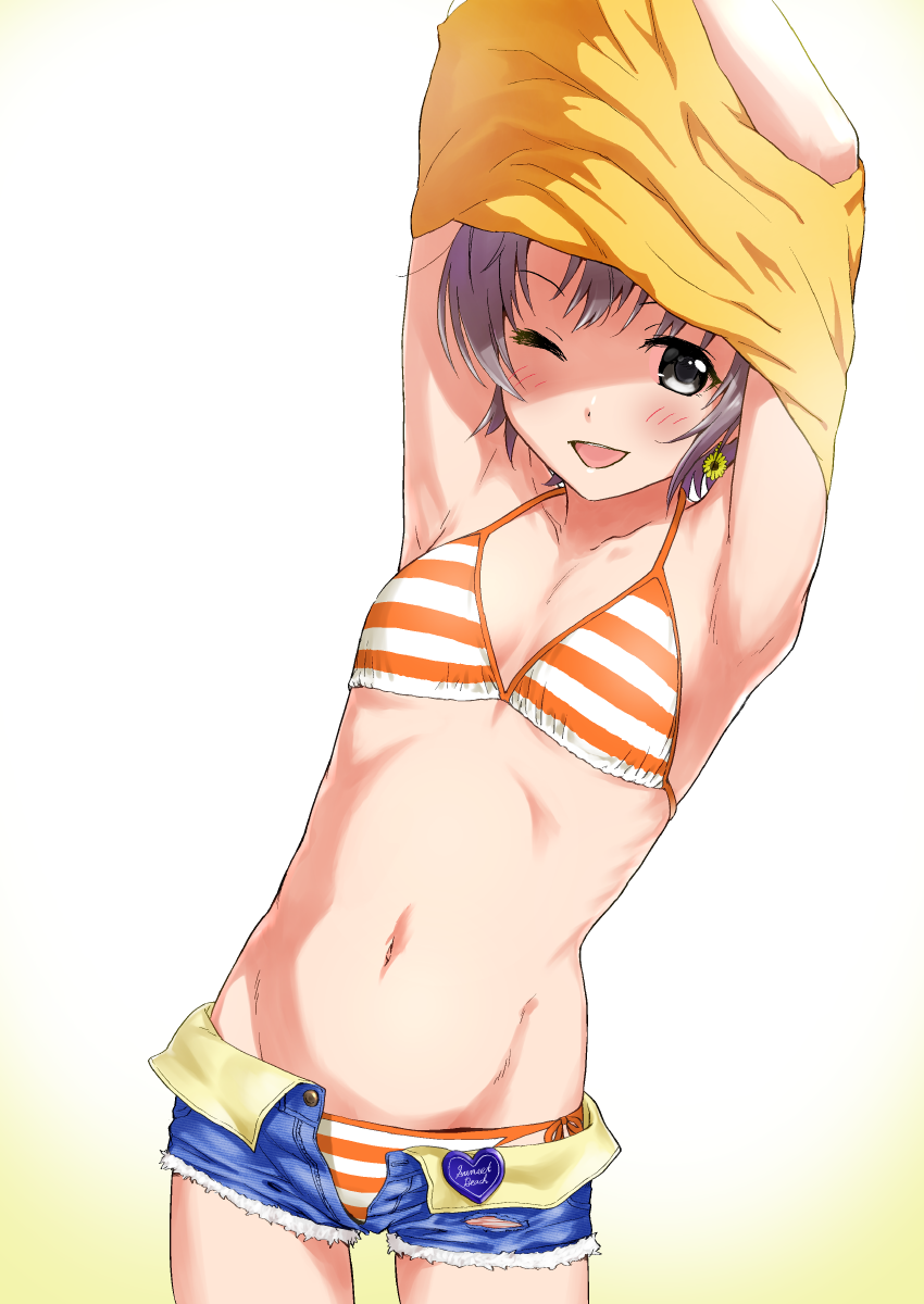 1girl, armpits, arms_up, badge, bikini, blush, breasts, button_badge