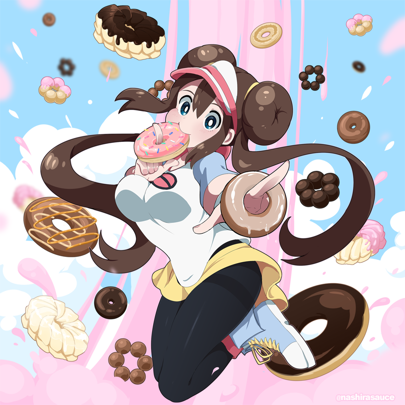 1girl, black_legwear, blue_eyes, blush, breasts, brown_hair, double_bun, doughnut