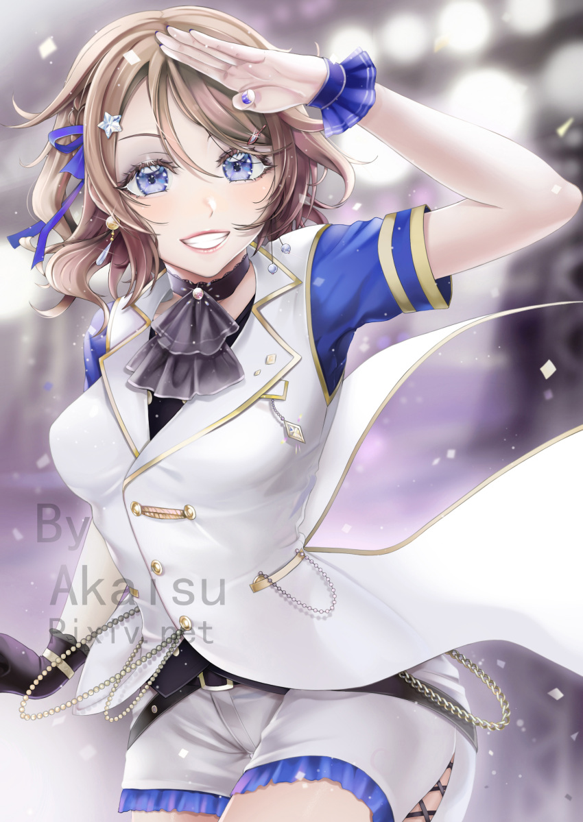 1girl, absurdres, akais, artist_name, bangs, blue_eyes, blue_nails, blue_ribbon
