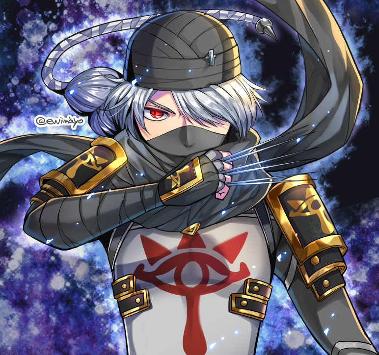 1girl, alternate_color, braid, evvimayo, gloves, grey_hair, needle, red_eyes