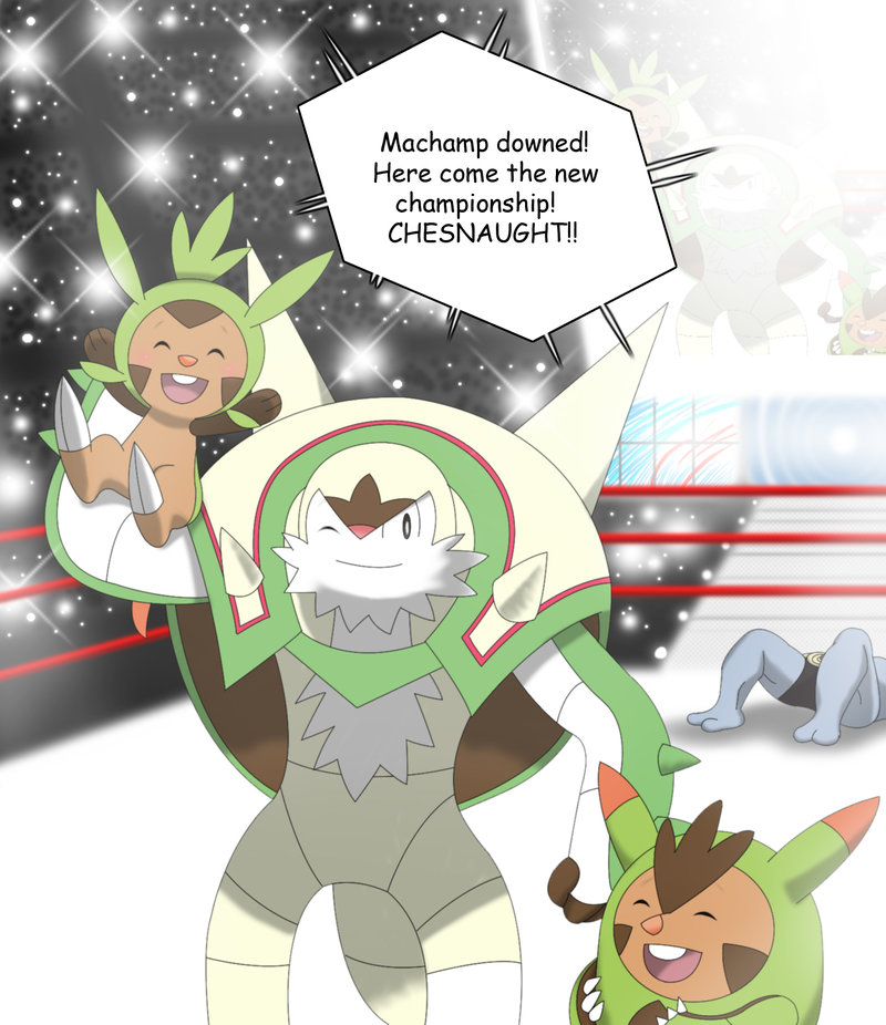 armor, boxing_ring, carrying_over_shoulder, chesnaught, chespin, closed_eyes, lights, machamp