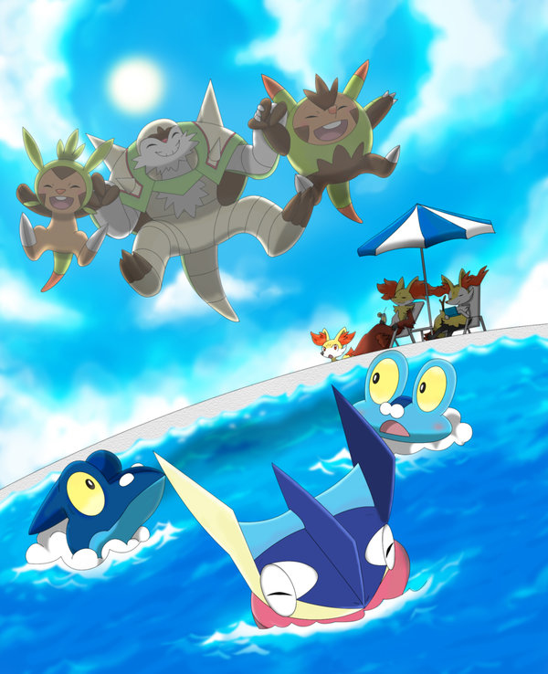 braixen, chesnaught, chespin, closed_eyes, cloudy_sky, delphox, fennekin, froakie