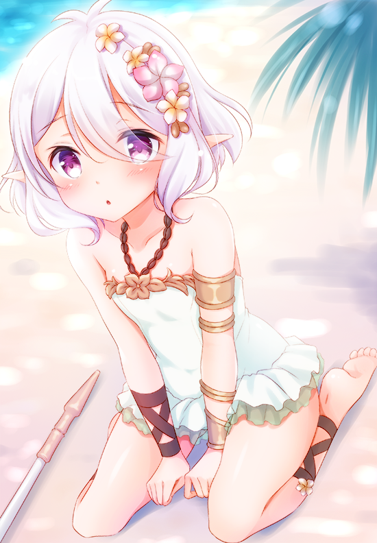 1girl, :o, bangs, bare_shoulders, barefoot, beach, between_legs, blurry
