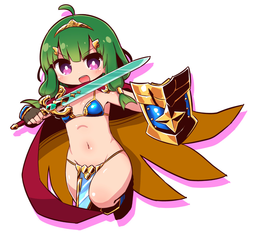 1girl, :d, ahoge, armor, bare_shoulders, bikini_armor, blue_footwear, blush
