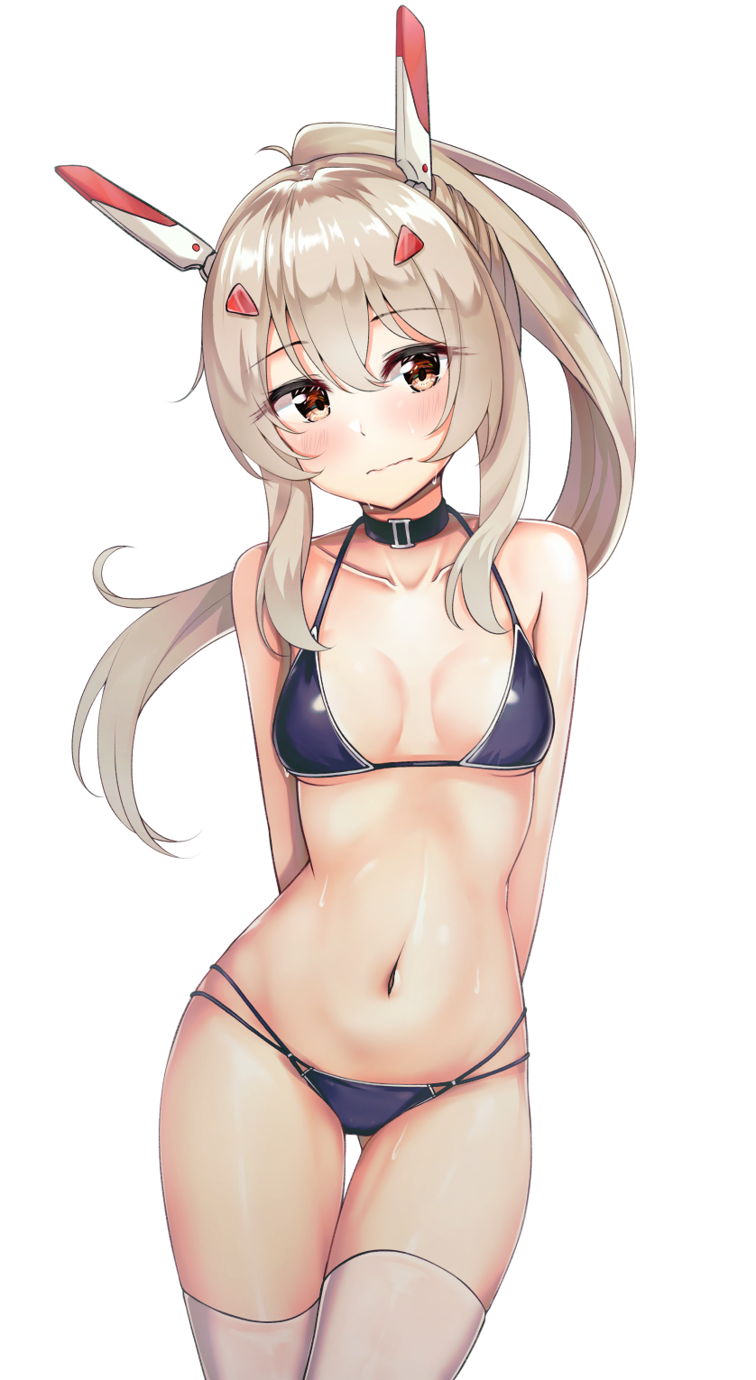 1girl, arms_behind_back, ass_visible_through_thighs, ayanami_(azur_lane), azur_lane, bare_arms, bare_shoulders, benedia, bikini, black_bikini, black_choker, blush, breasts, breasts_apart, brown_eyes, brown_hair, choker, closed_mouth, collarbone, cowboy_shot, hair_ornament, halter_top, halterneck, headgear, highres, long_hair, looking_at_viewer, navel, ponytail, retrofit_(azur_lane), simple_background, small_breasts, solo, sweat, swimsuit, thigh-highs, thigh_gap, wavy_mouth, white_background, white_legwear