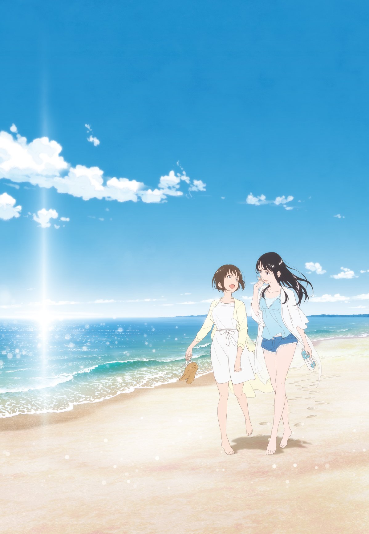 2girls, barefoot, beach, black_hair, brown_hair, clouds, eye_contact, footprints
