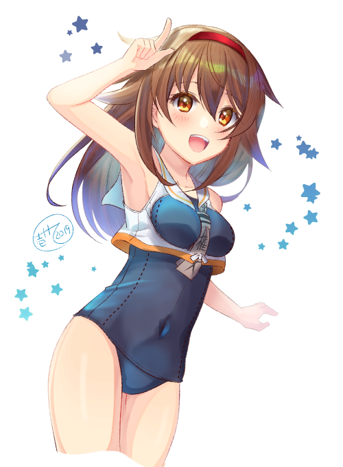 1girl, alternate_costume, blush, breasts, brown_eyes, brown_hair, cosplay, cowboy_shot