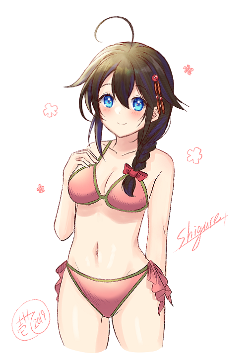 1girl, ahoge, artist_name, bikini, black_hair, black_serafuku, blue_eyes, braid, breasts, cherry_blossoms, collarbone, cosplay, cowboy_shot, dated, hair_flaps, hair_over_shoulder, hand_on_own_chest, harukaze_(kantai_collection), harukaze_(kantai_collection)_(cosplay), ittokyu, kantai_collection, long_hair, looking_at_viewer, medium_breasts, navel, petals, pink_bikini, remodel_(kantai_collection), school_uniform, serafuku, shigure_(kantai_collection), side-tie_bikini, signature, single_braid, smile, solo, swimsuit, white_background