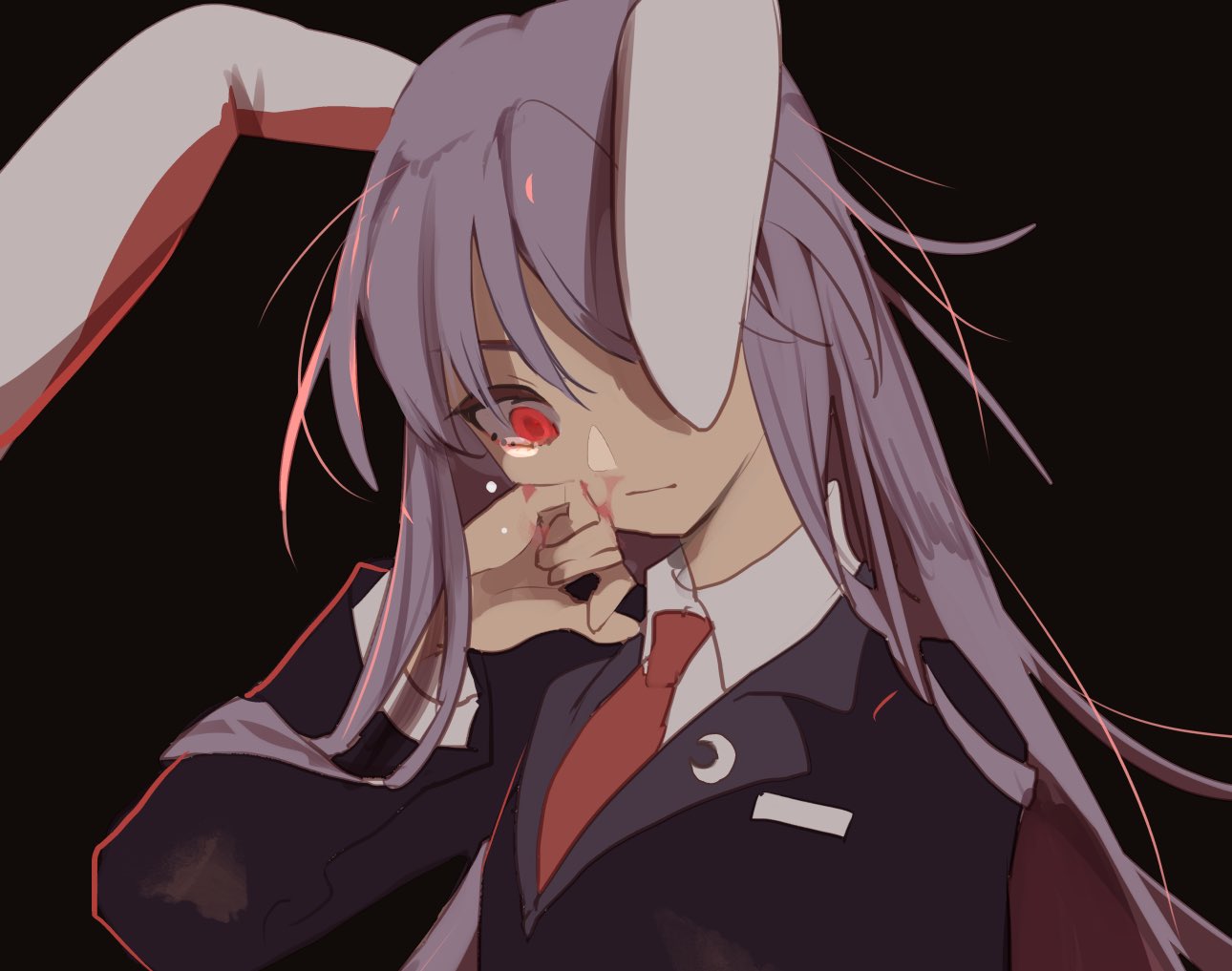 1girl, animal_ears, bangs, black_background, blazer, blood, blood_on_face, bloody_hands