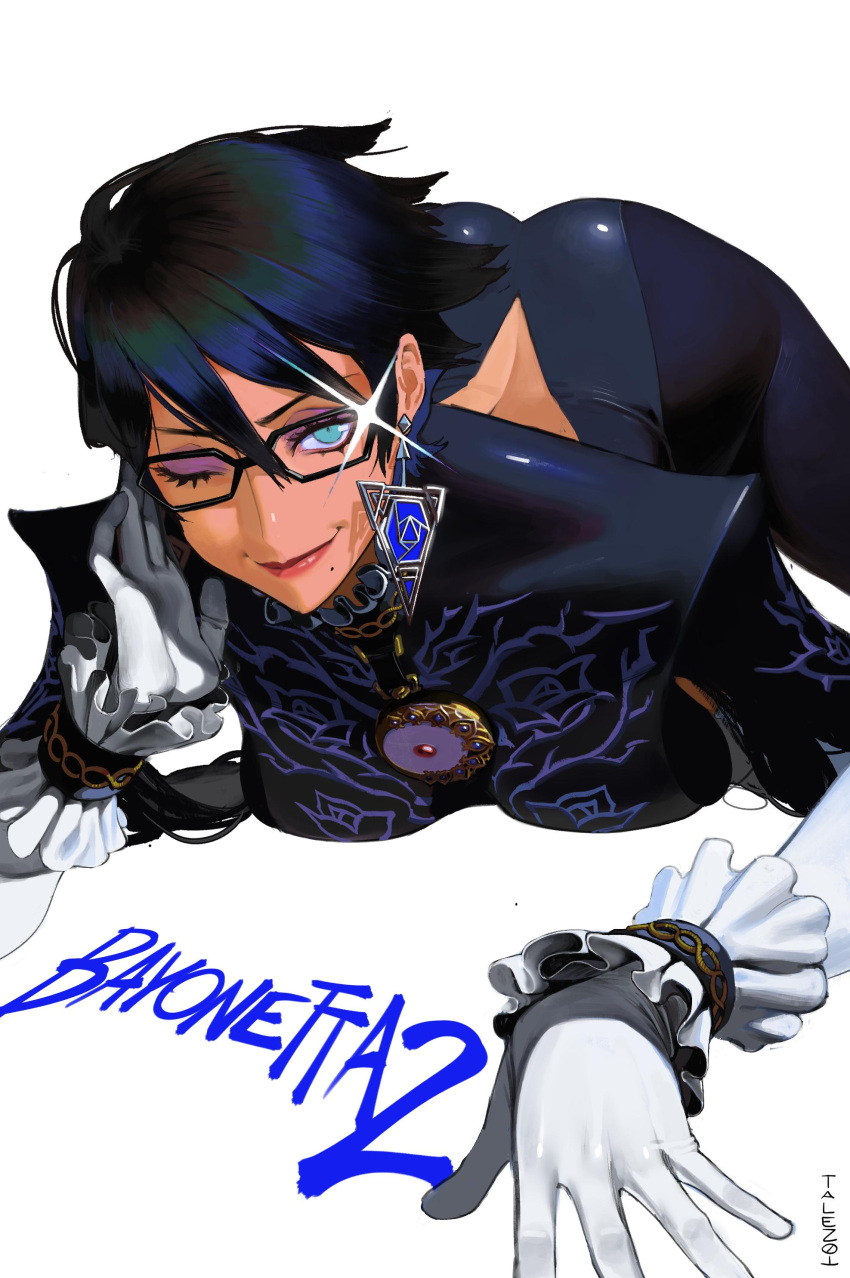 1girl, absurdres, adjusting_eyewear, artist_name, ass, bayonetta, bayonetta_(character), bayonetta_2