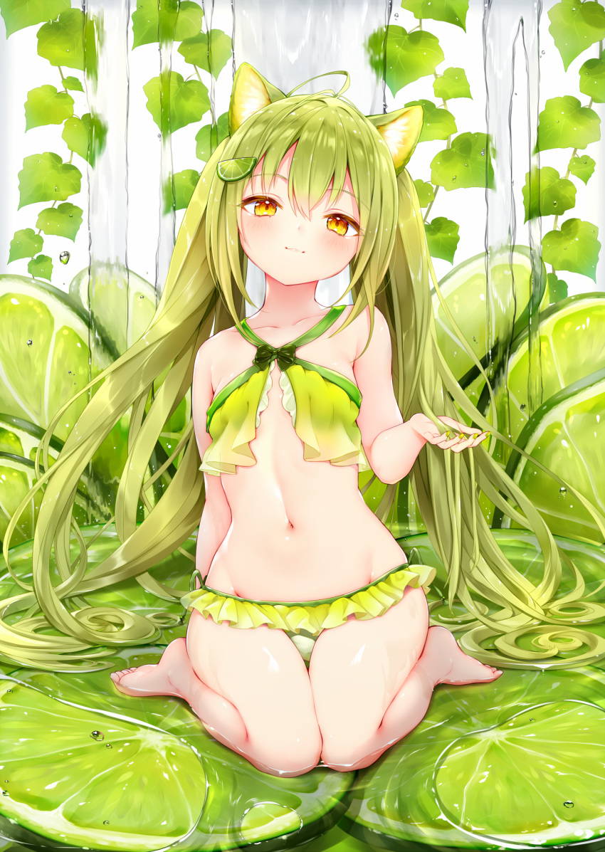 1girl, :3, animal_ears, arm_support, bangs, bikini, blush, breasts, cat_ears, collarbone, flat_chest, food, frilled_bikini, frills, fruit, full_body, green_bikini, green_hair, green_nails, hand_up, head_tilt, highres, lime_(fruit), lime_hair_ornament, lime_slice, long_hair, looking_at_viewer, navel, orange_eyes, original, partially_submerged, sidelocks, sitting, smile, solo, stomach, sukemyon, swimsuit, tareme, thighs, very_long_hair, wariza