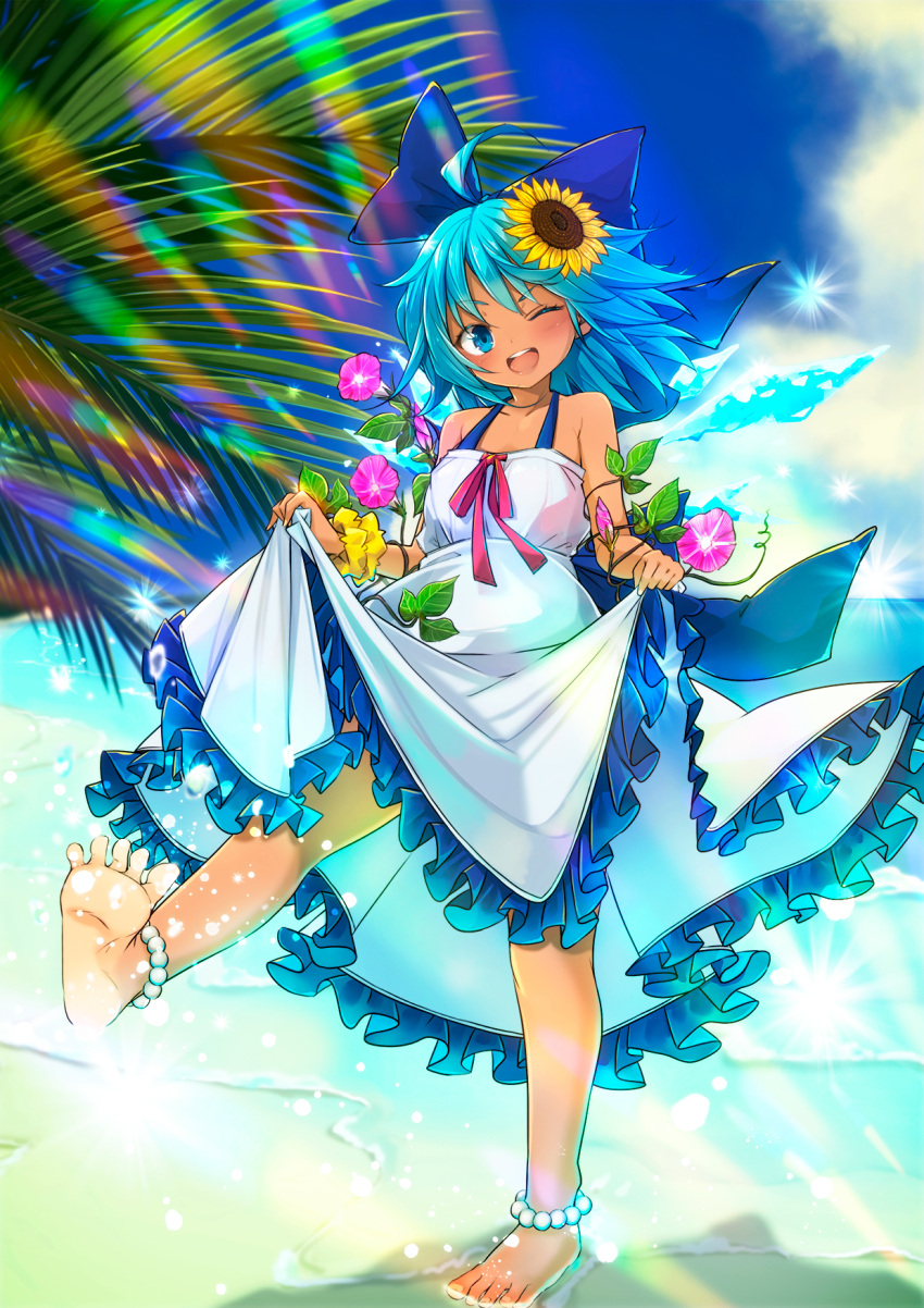 .sin, 1girl, ;d, alternate_costume, anklet, bare_arms, barefoot, blue_hair