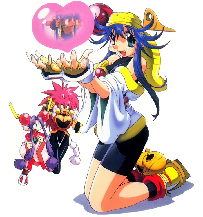 1boy, 1girl, 3girls, 90s, bandana, bell, bike_shorts, bloodberry, blue_hair, breasts, cherry_(saber_j), earrings, full_body, gloves, green_eyes, hanagata_mitsurugi, heart, jewelry, jingle_bell, kotobuki_tsukasa, large_breasts, lime_(saber_j), long_hair, multiple_girls, official_art, open_mouth, pink_hair, purple_hair, saber_marionette_j, simple_background, solo, twintails, white_background, wide_sleeves