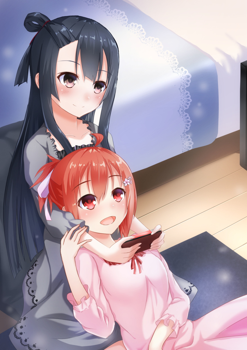 2girls, :d, ahoge, bed, black_hair, blush, brown_eyes, closed_mouth