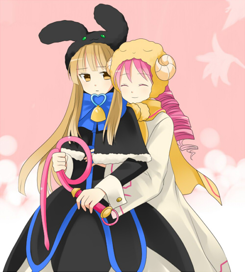 adult, bad_id, bell, blonde_hair, dress, drill_hair, ebon_magician_curran, hat, hug, long_hair, mir_(pixiv), multiple_girls, pink_hair, whip, white_magician_pikeru, yellow_eyes, yu-gi-oh!, yuri, yuu-gi-ou, yuu-gi-ou_duel_monsters