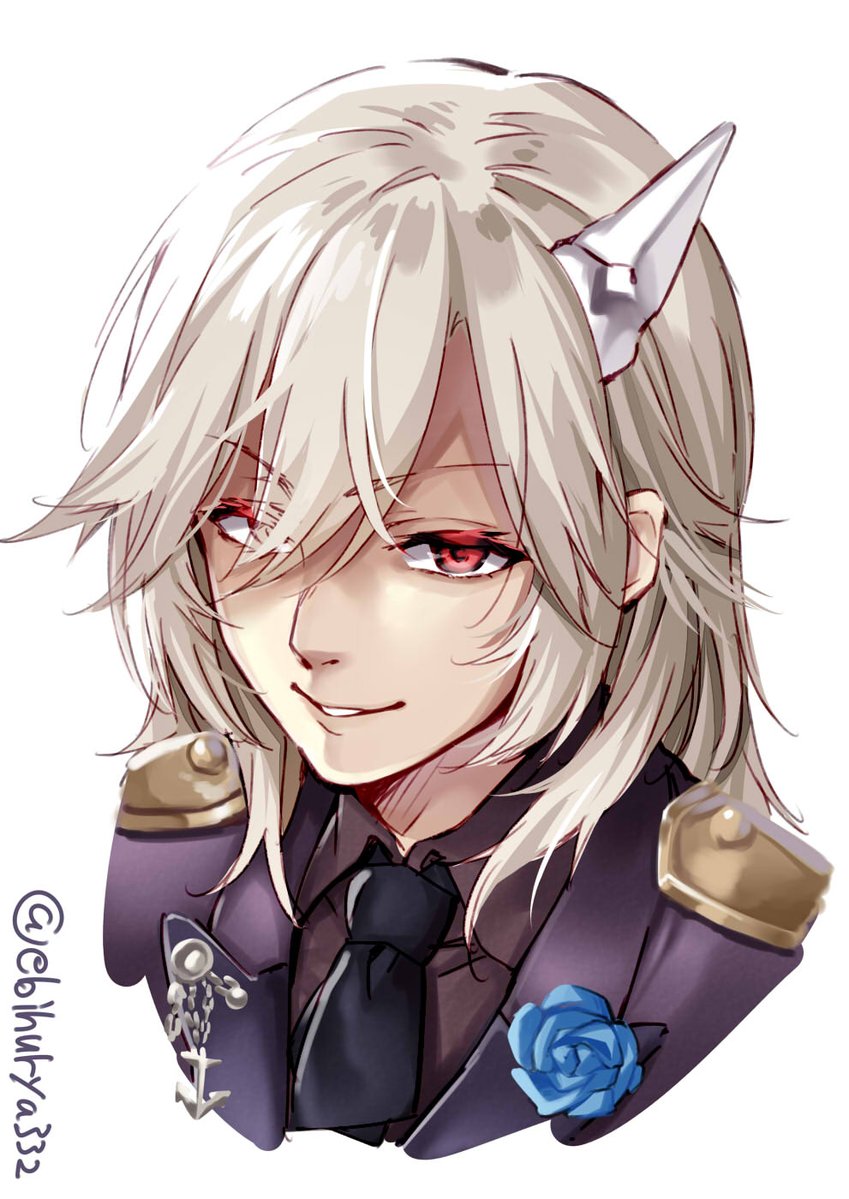 1boy, abyssal_chain_clown_oni, anchor, blue_flower, blue_rose, chain, ebifurya, face, flower, horn, kantai_collection, long_hair, portrait, purple_suit, red_eyes, rose, smile, white_hair
