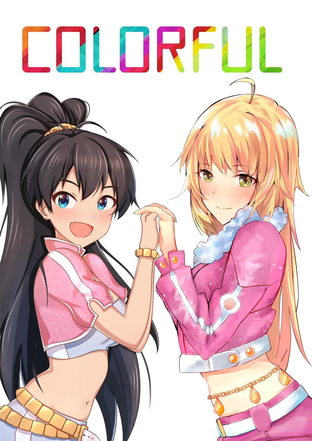 2girls, :d, ahoge, bangs, benten_(ioj3446), black_hair, blonde_hair, blue_eyes, blush, breasts, commentary_request, english_text, eyebrows_visible_through_hair, fang, from_side, ganaha_hibiki, green_eyes, hair_between_eyes, hair_ornament, highres, hoshii_miki, idolmaster, idolmaster_cinderella_girls, jacket, long_hair, looking_at_viewer, medium_breasts, multiple_girls, navel, open_mouth, pink_jacket, ponytail, short_sleeves, shots, simple_background, smile, very_long_hair, white_background