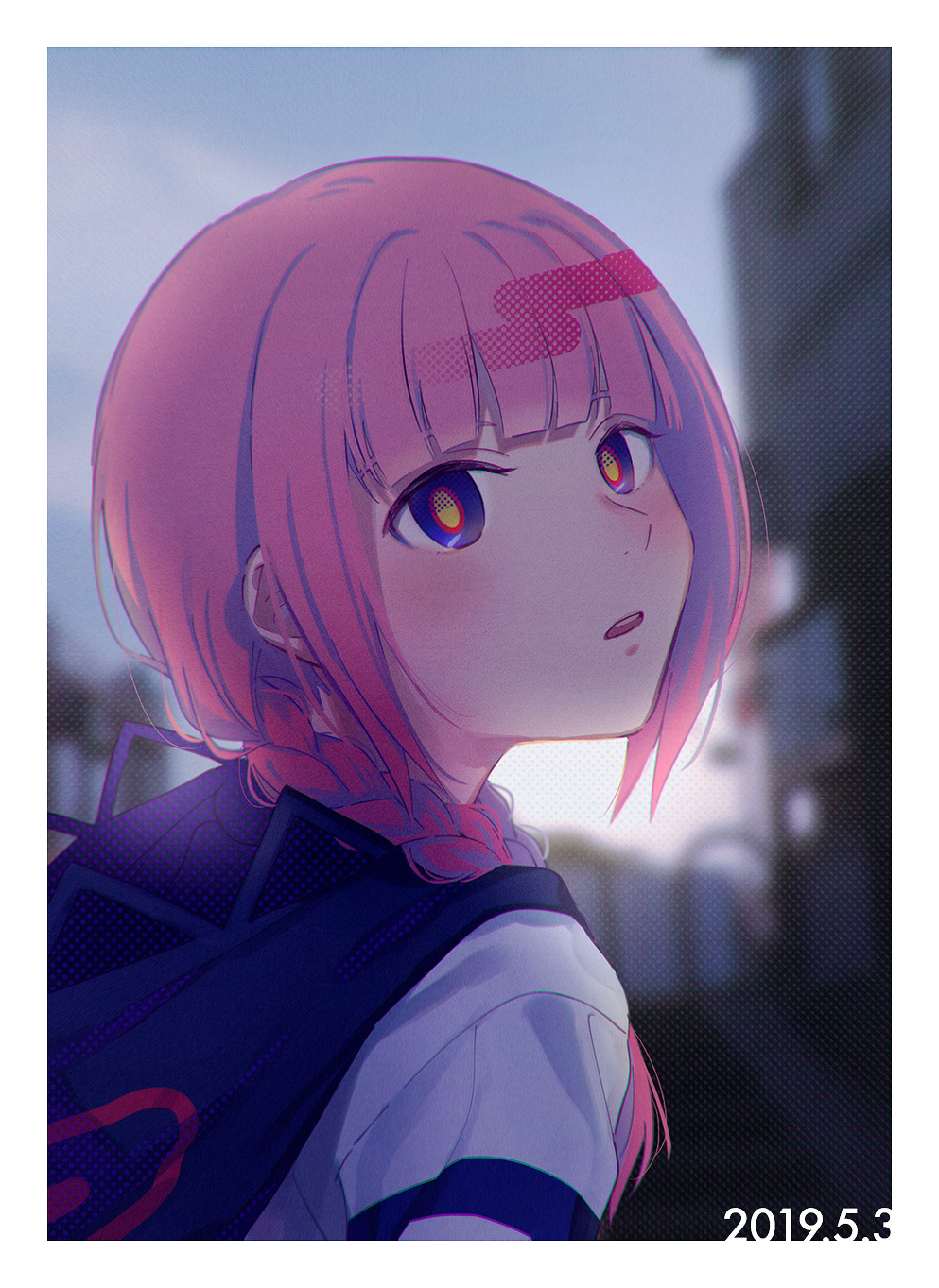 bangs, blunt_bangs, braid, fuji_fujino, highres, kaf, long_hair, looking_at_viewer, outdoors, parted_lips, pink_hair, school_uniform, serafuku, teeth, violet_eyes, virtual_kaf