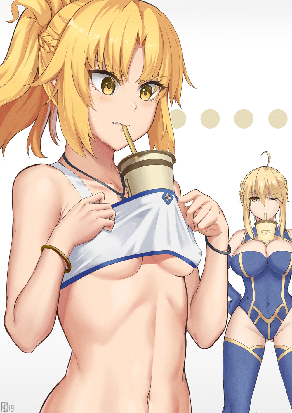 2girls, ahoge, artoria_pendragon_(all), artoria_pendragon_(lancer), bangs, bare_shoulders, blonde_hair, blue_legwear
