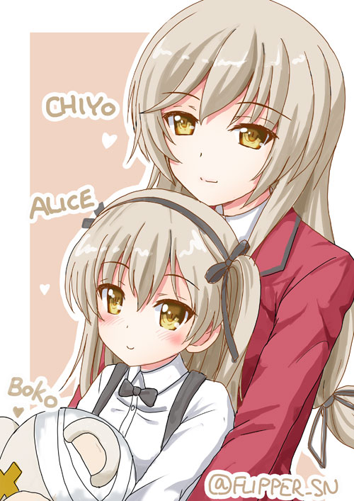 2girls, actas_(studio), bangs, black_neckwear, black_ribbon, black_skirt, boko_(girls_und_panzer), bow