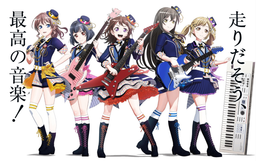 5girls, bang_dream!, bass_guitar, boots, drumsticks, guitar, hanazono_tae, ichigaya_arisa