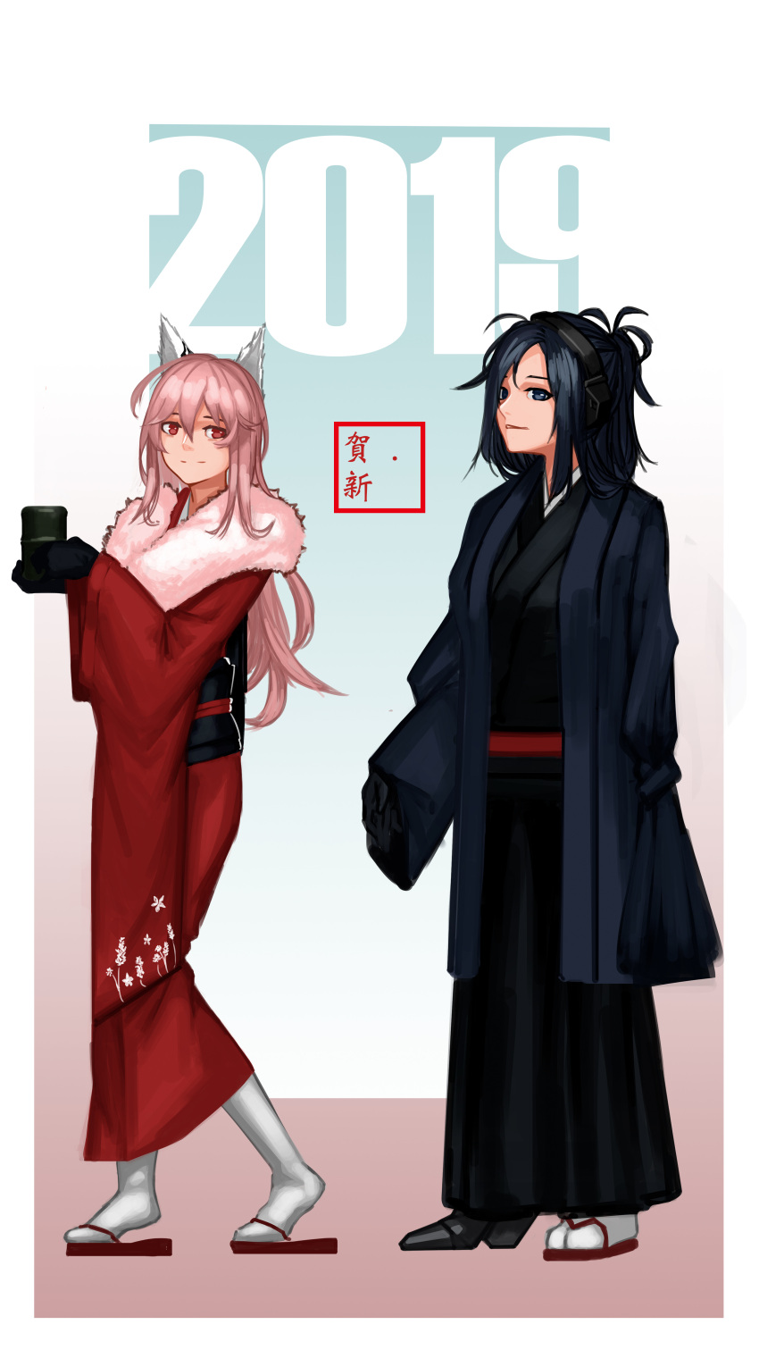 2019, 2girls, absurdres, amputee, angelina_(girls_frontline), animal_ears, blue_hair, cat_ears, commentary_request, fantasia_var, girls_frontline, highres, japanese_clothes, kimono, multiple_girls, persica_(girls_frontline), pink_hair, prosthesis, prosthetic_leg, sandals, socks, yukata