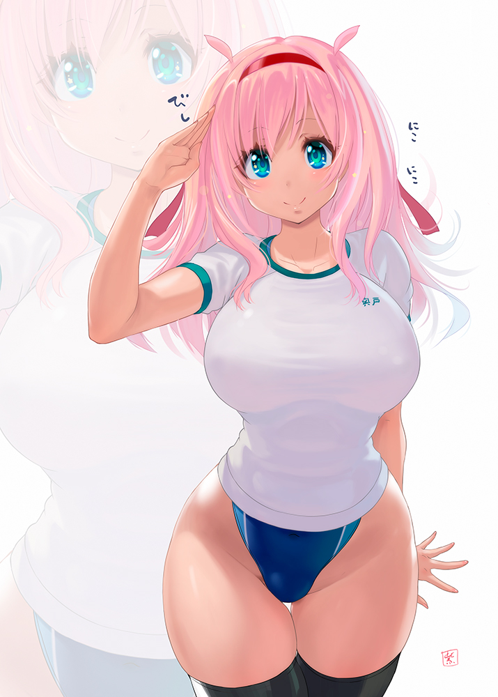 1girl, blue_eyes, blush, breasts, closed_mouth, competition_swimsuit, covered_nipples, gym_uniform, highleg, highleg_swimsuit, large_breasts, long_hair, looking_at_viewer, murasaki_nyaa, one-piece_swimsuit, original, pink_hair, salute, smile, solo, standing, swimsuit, thigh-highs, uniform, wavy_hair, zoom_layer