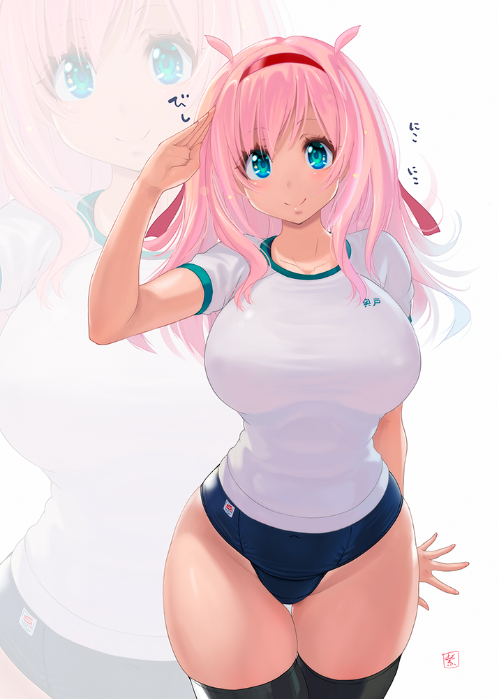 1girl, blue_eyes, blue_swimsuit, blush, breasts, closed_mouth, covered_nipples, gym_uniform, large_breasts, long_hair, looking_at_viewer, murasaki_nyaa, one-piece_swimsuit, original, pink_hair, salute, school_swimsuit, smile, solo, standing, swimsuit, swimsuit_under_clothes, thigh-highs, uniform, wavy_hair, zoom_layer