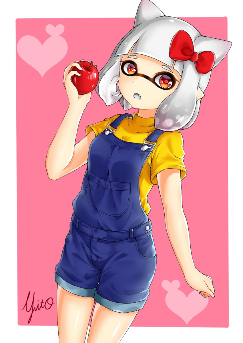 1girl, :o, apple, artist_name, bow, cat_ears, clenched_hand, commentary_request