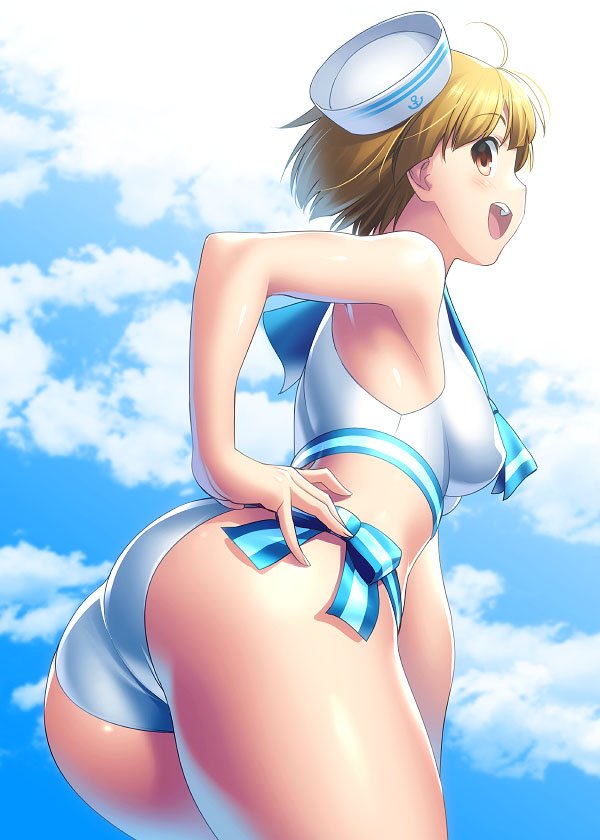 1girl, ass, bikini, blonde_hair, blue_sailor_collar, blue_sky, brown_eyes, clouds