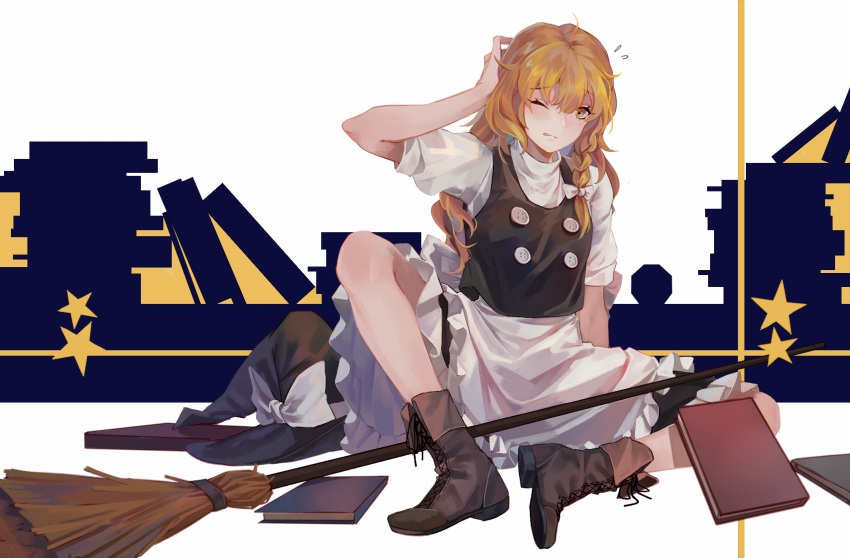1girl, apron, arm_up, bangs, black_headwear, black_skirt, black_vest, blonde_hair