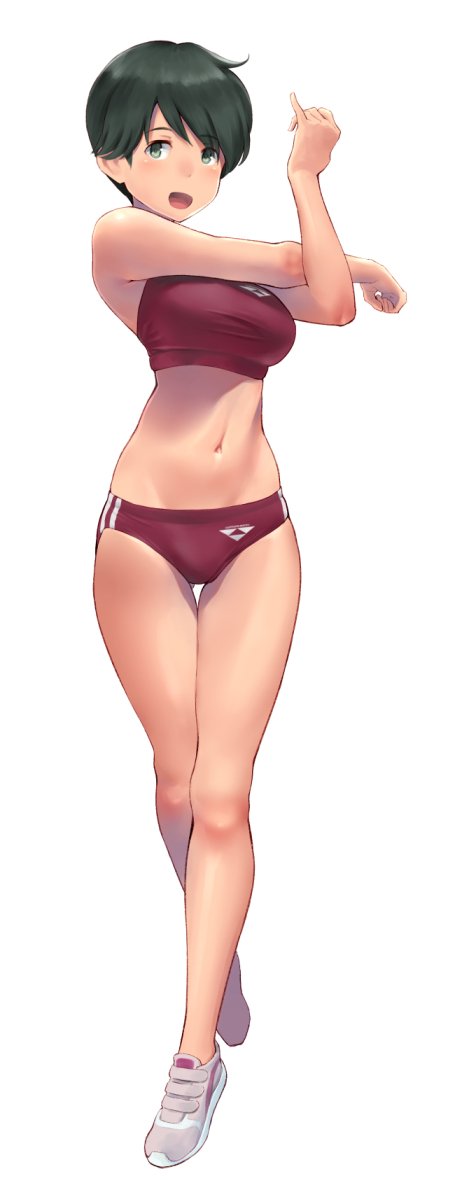 1girl, black_hair, brown_eyes, buruma, commentary_request, full_body, kantai_collection, logo