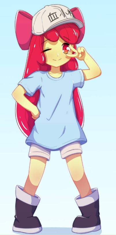 applebloom, boots, bow, cap, loli, long_hair, my_little_pony, oversized_shirt, platelet_(hataraku_saibou), platelet_(hataraku_saibou)_(cosplay), red_eyes, redhead, shadow, shorts, v, wink, winking