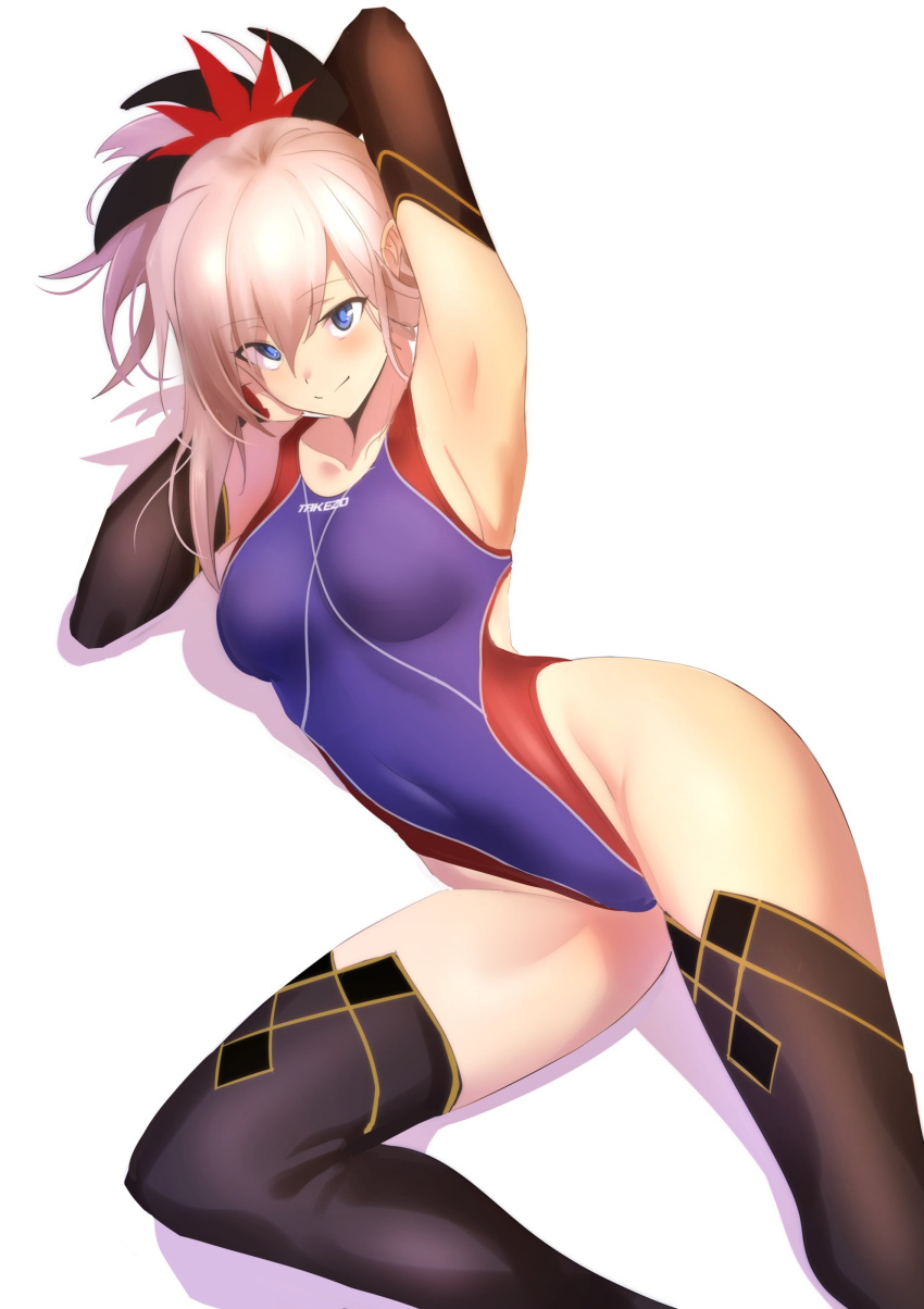 1girl, absurdres, armpits, arms_up, black_legwear, blue_eyes, breasts, closed_mouth