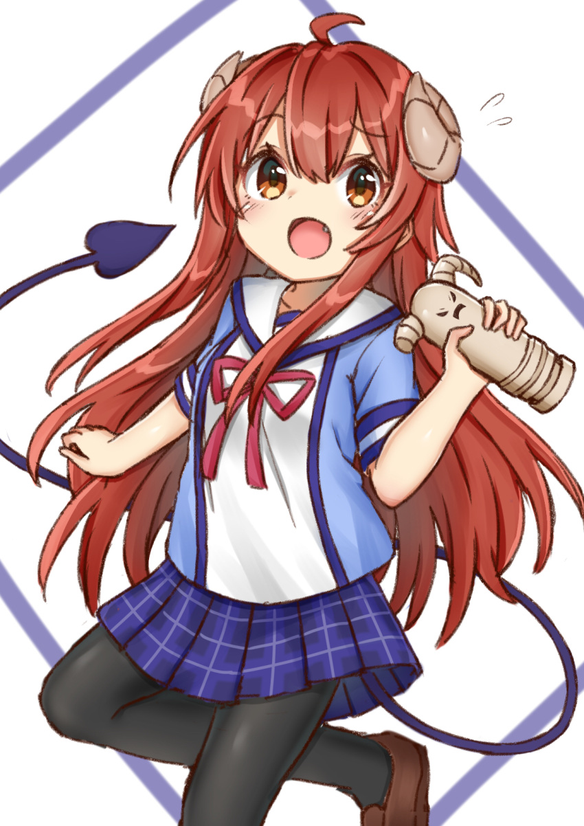 1girl, ahoge, blush, brown_hair, demon_girl, demon_horns, demon_tail, eyebrows_visible_through_hair