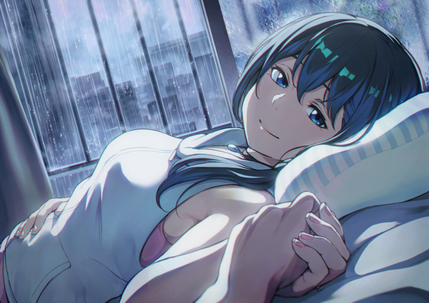 1girl, amano_hina_(tenki_no_ko), bangs, bare_arms, bare_shoulders, black_hair, blue_eyes, blush, breasts, choker, eyebrows_visible_through_hair, hangetsuban_sonshou, highres, holding_hands, hood, hood_down, hooded_jacket, indoors, jacket, long_hair, looking_at_viewer, low_twintails, lying, on_back, on_bed, pillow, pov, rain, sleeveless, sleeveless_jacket, smile, tenki_no_ko, twintails, window