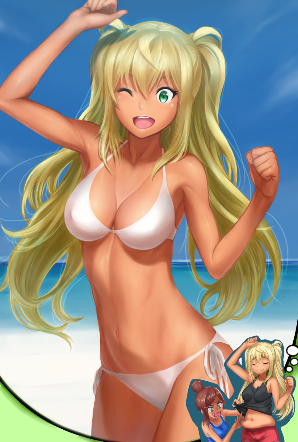 2girls, arms_up, bangs, beach, bikini, blonde_hair, breasts, brown_eyes