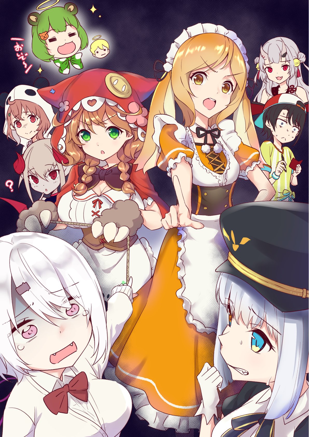 :<, ?, animal_ears, animal_hood, breasts, commentary_request, dark_background, fangs