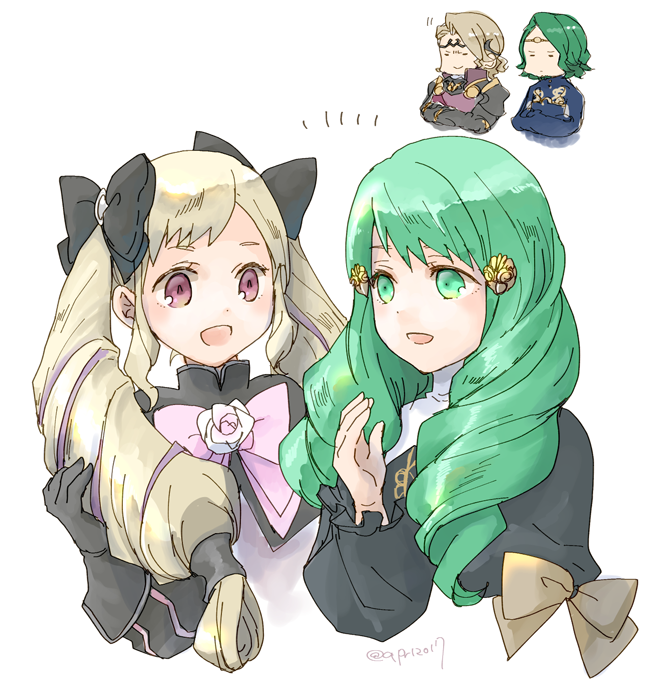 2boys, 2girls, adult, black_bow, black_gloves, blonde_hair, bow, brother_and_sister
