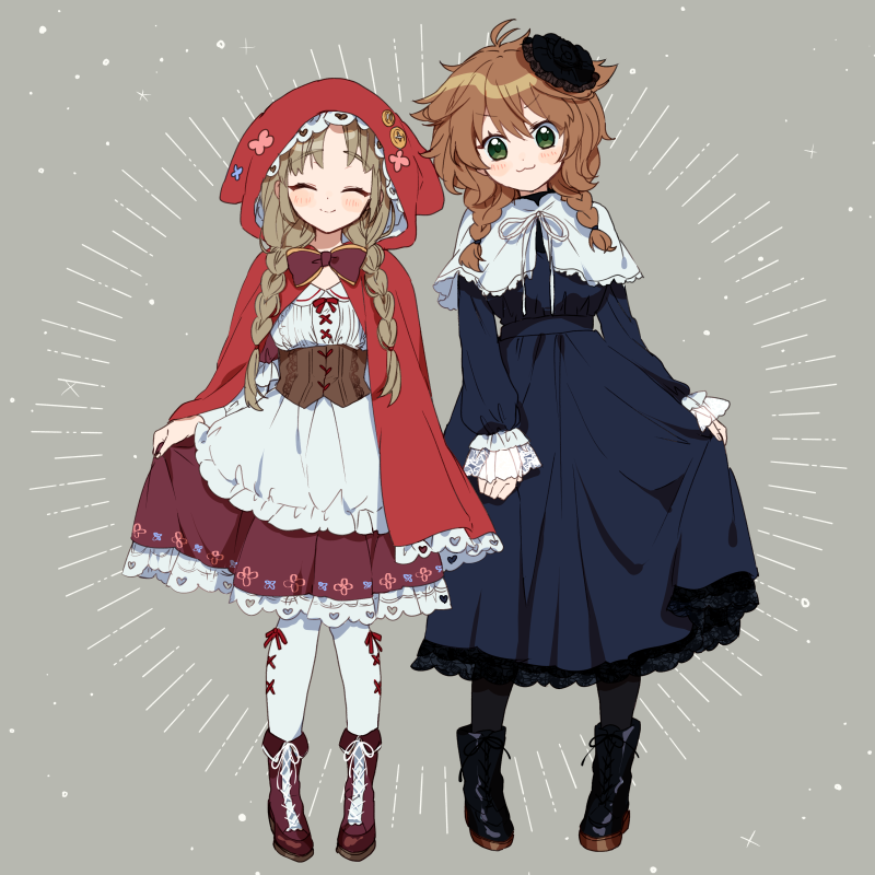 2girls, :3, ^_^, apron, bangs, black_dress, black_footwear, black_legwear, blush, boots, braid, brown_hair, brown_skirt, cape, closed_eyes, cosplay, costume_switch, cross-laced_footwear, dress, eyebrows_visible_through_hair, frilled_apron, frills, green_eyes, grey_background, hair_between_eyes, hood, hood_up, hooded_cape, lace-up_boots, long_hair, long_sleeves, low_twintails, multiple_girls, nijisanji, pantyhose, parted_bangs, pleated_skirt, red_cape, red_footwear, see-through, shirt, simple_background, sister_cleaire, sister_cleaire_(cosplay), skirt, skirt_hold, sleeves_past_wrists, smile, standing, twin_braids, twintails, underbust, v-shaped_eyebrows, very_long_hair, warabeda_meijii, warabeda_meijii_(cosplay), white_apron, white_legwear, white_shirt, yamabukiiro