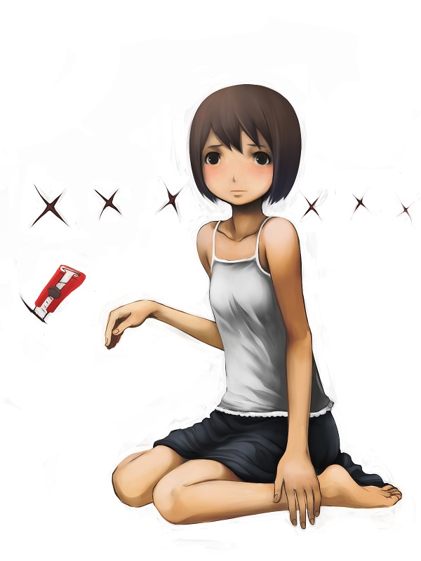 black_eyes, blush, boxcutter, brown_hair, camisole, cutter, flat_chest, kneeling