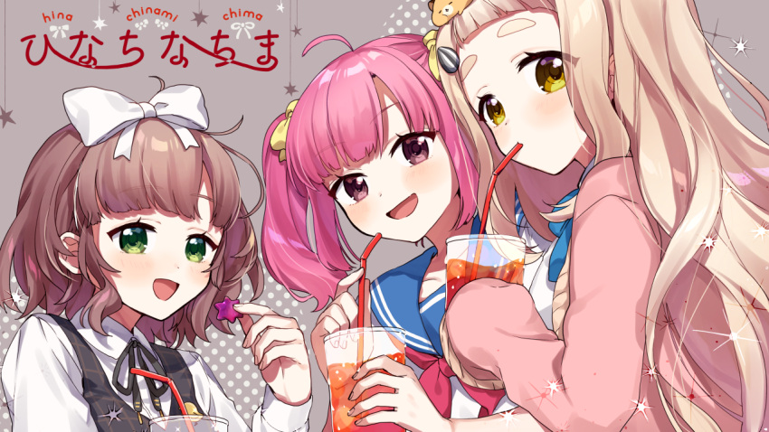 3girls, :d, achikita_chinami, ahoge, animal, animal_on_head, asuka_hina, bendy_straw