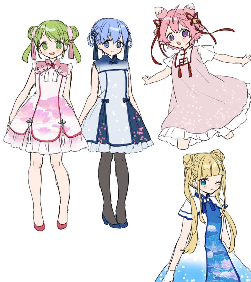 4girls, :d, ;), bangs, bare_arms, bare_shoulders, bell, black_legwear